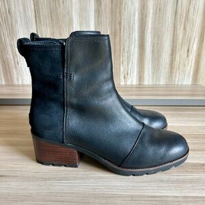 EUC Sorel Cate Black Leather & Suede Block Heel Ankle Boots Booties, sz 9.5